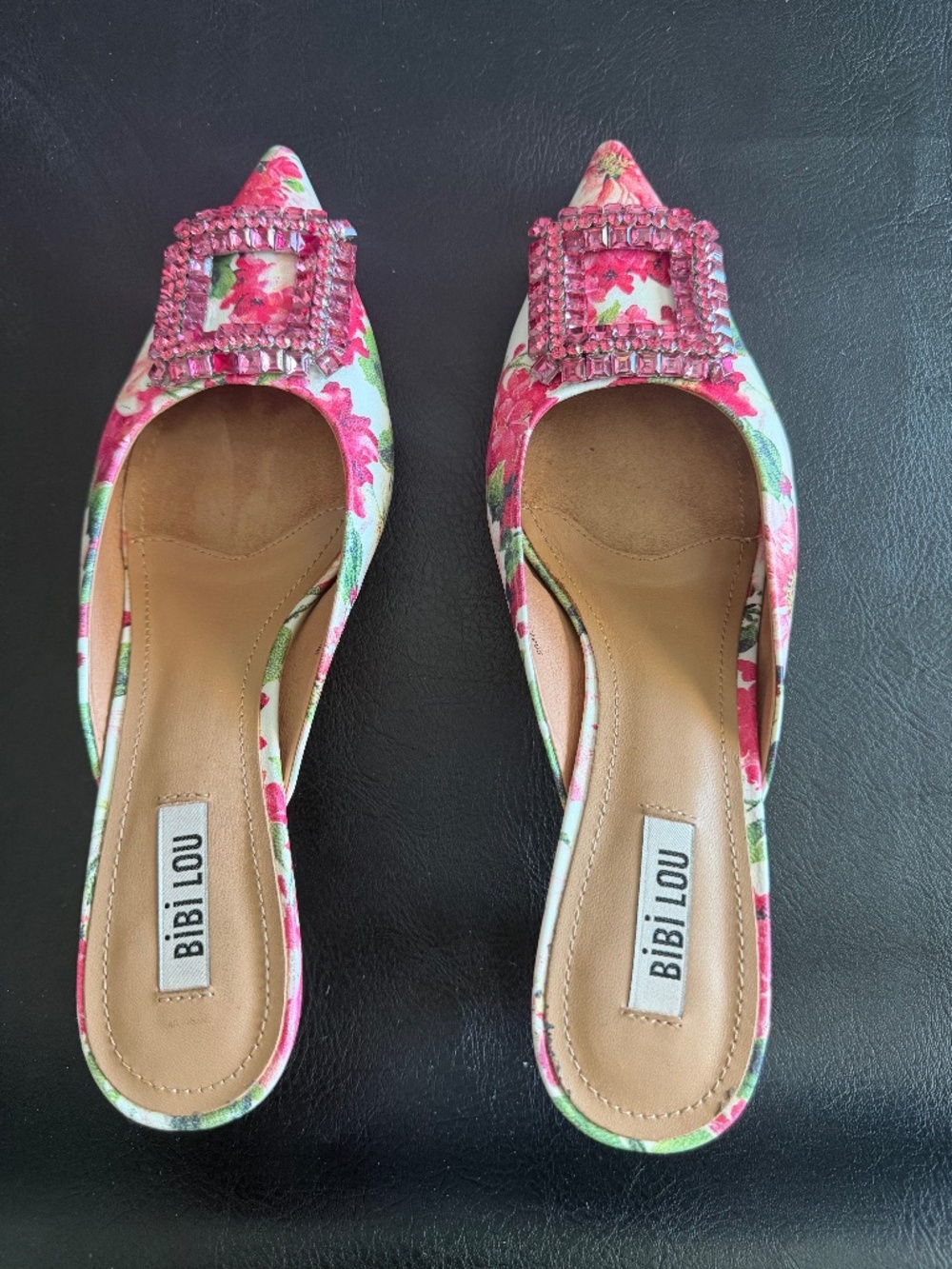 Bibi Lou Floral Pink Kitten Heels Rhinestones Size 40